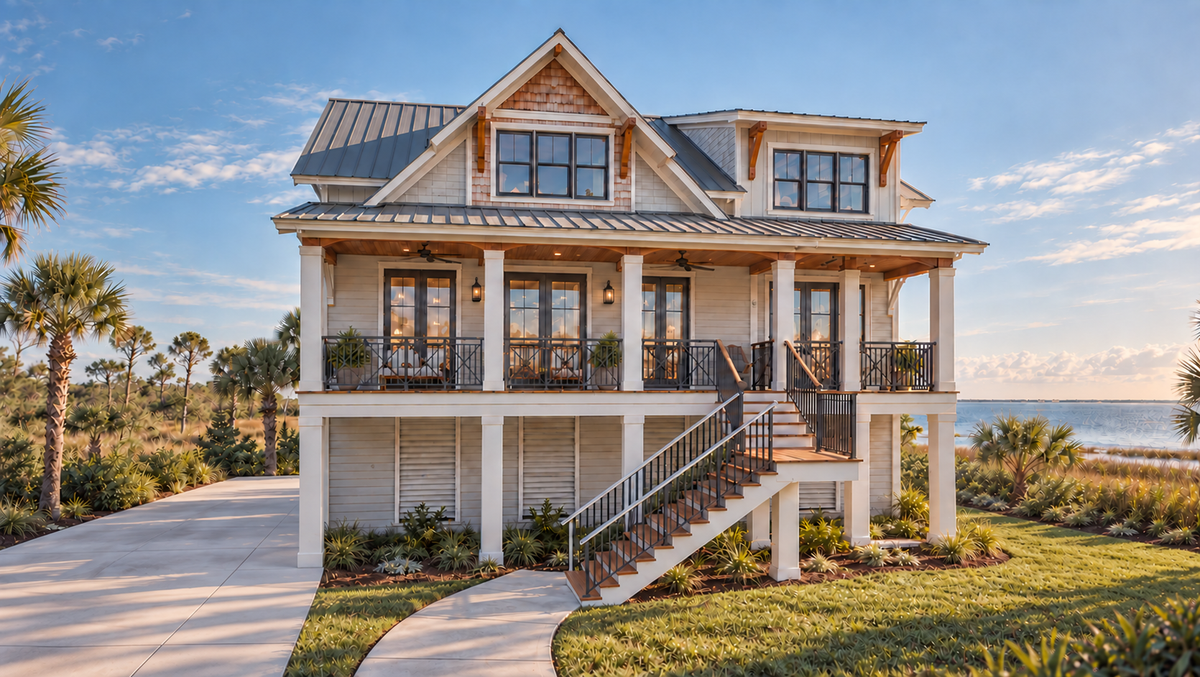 Front exterior of Islabella, an elevated coastal house plan with an elevator to all three levels, a covered front porch and a metal roof.