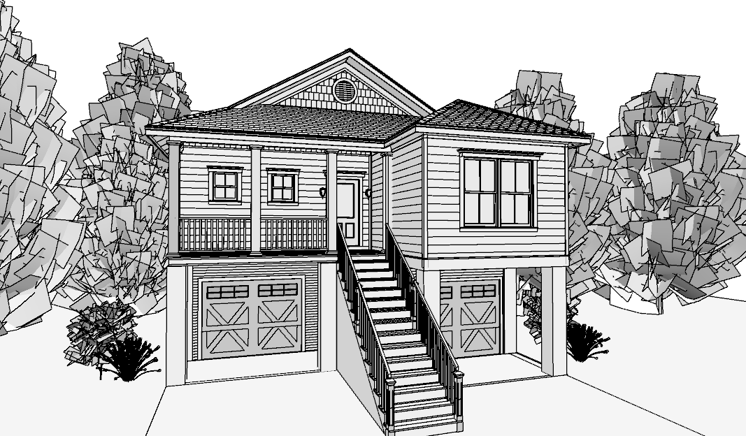 A line drawing of an elevated narrow-lot coastal house seen from the front, raised above a drive-under garage.