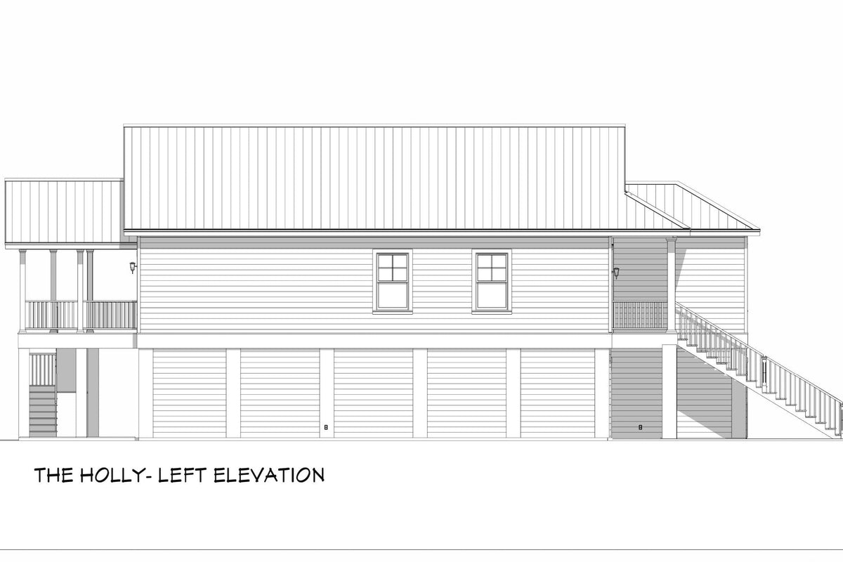 A drawn side elevation sheet showing a coastal house raised on piers above open parking, with the roof line, siding and stair run in line work.