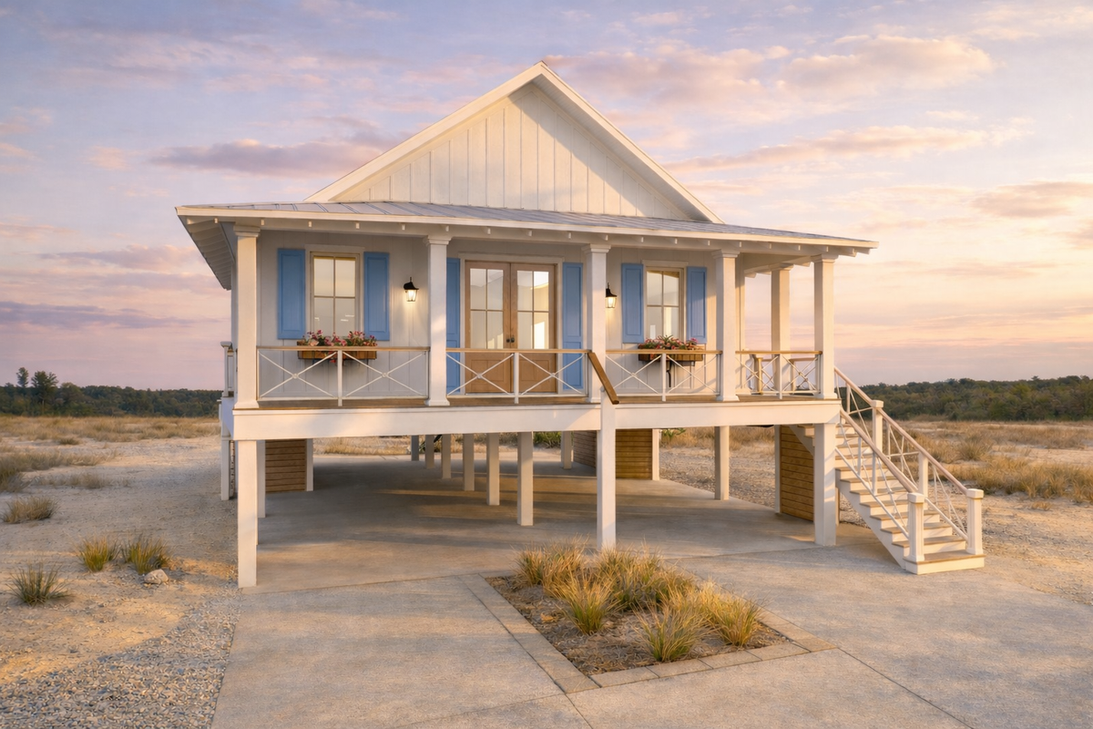 Magnolia Beach Hut, an elevated coastal cottage house plan raised above parking