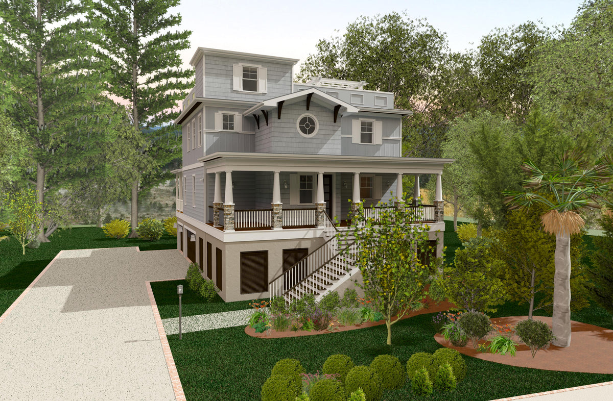 Oak Leaf, an elevated coastal house plan with a residential elevator, raised over a three-car garage at ground level