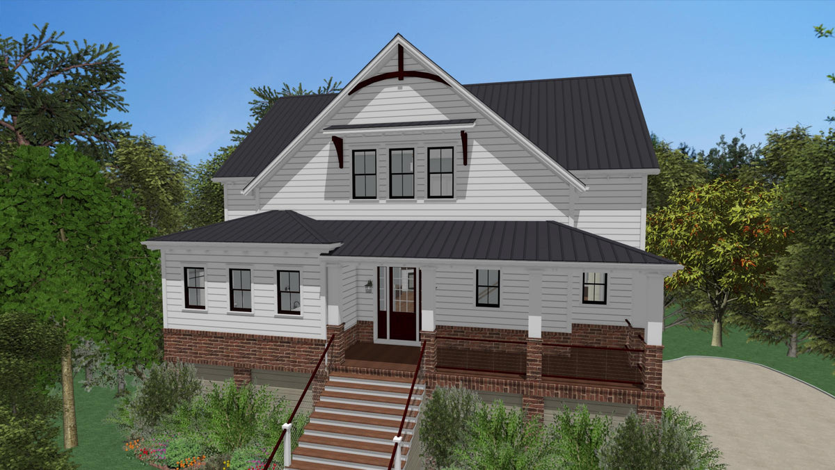 The Lowell, an elevated Low Country house plan with a wraparound porch, seen from the front