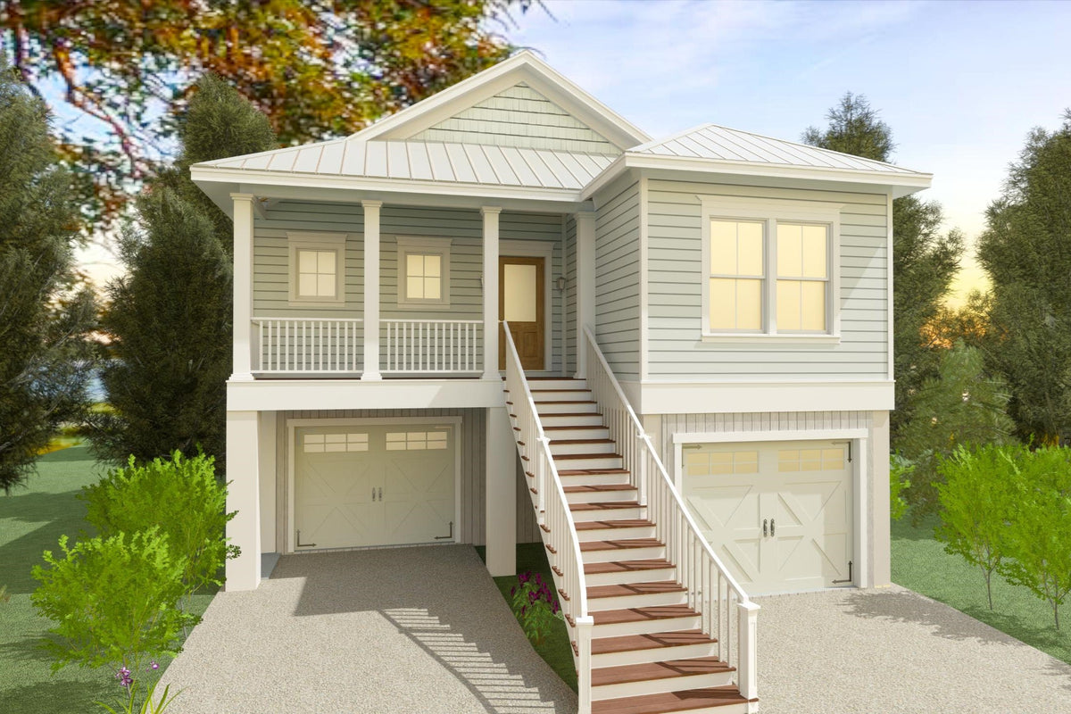 The Holly, a narrow-lot house plan with a two-car drive-under garage beneath the living floors