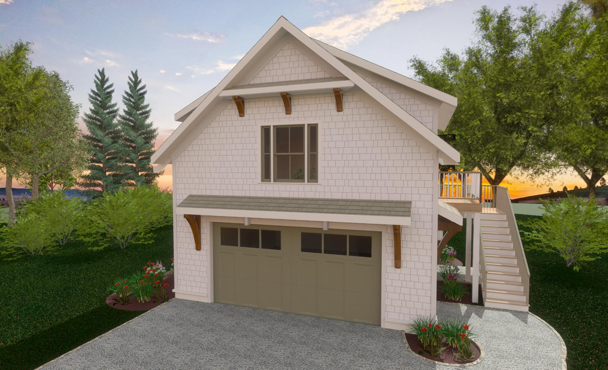 The Wilbury 24x28, a compact garage apartment plan with living space above the garage