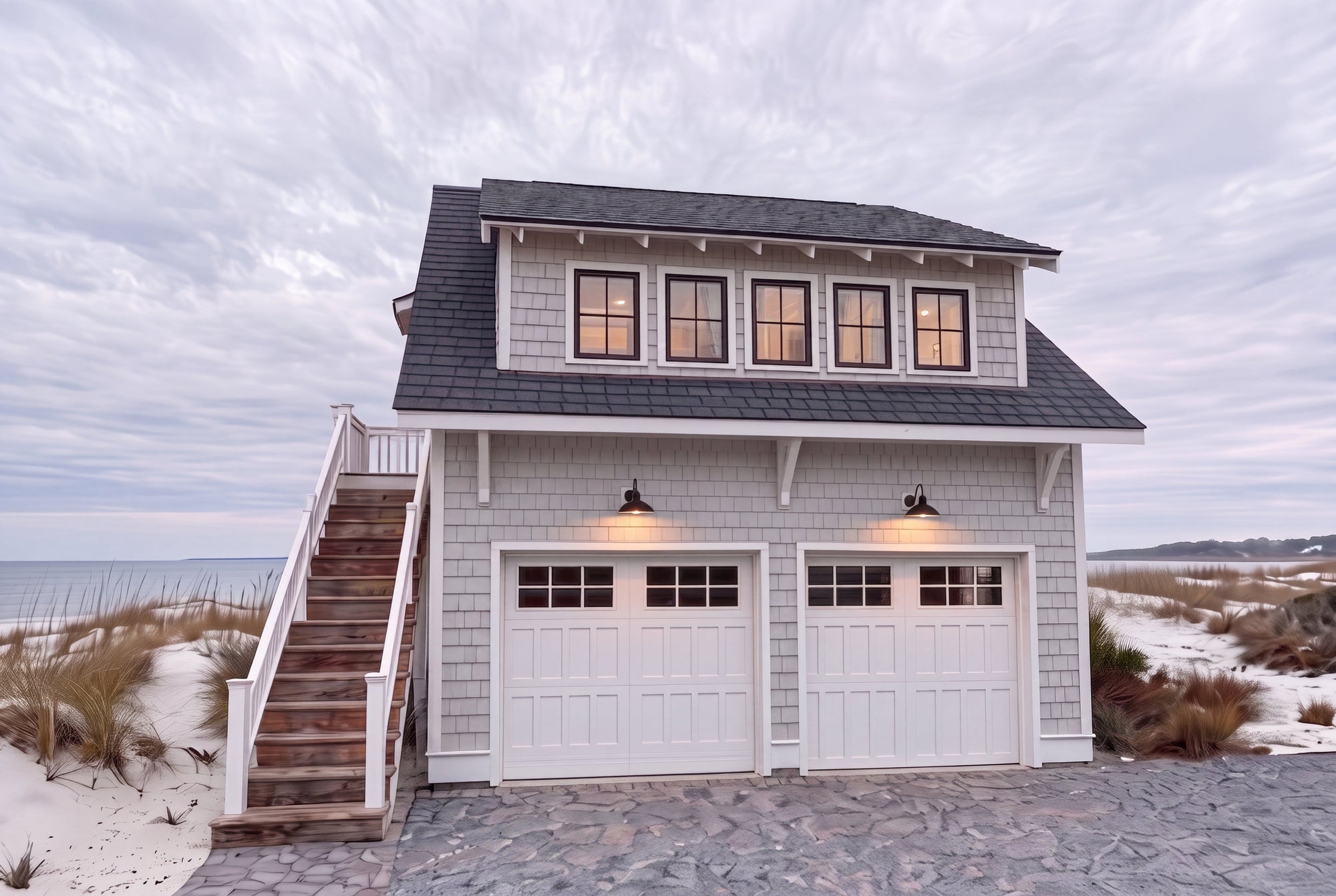 Cliffwood Garage ADU - 640 Sq Ft Coastal Garage Apartment Plan - Front Exterior Elevation from a low angle close up- Intertwine House Plans