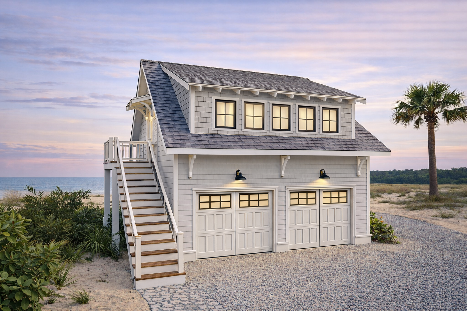 Cliffwood Garage ADU - Front Exterior Sunset Render - Coastal Garage Apartment Plan - Intertwine House Plans