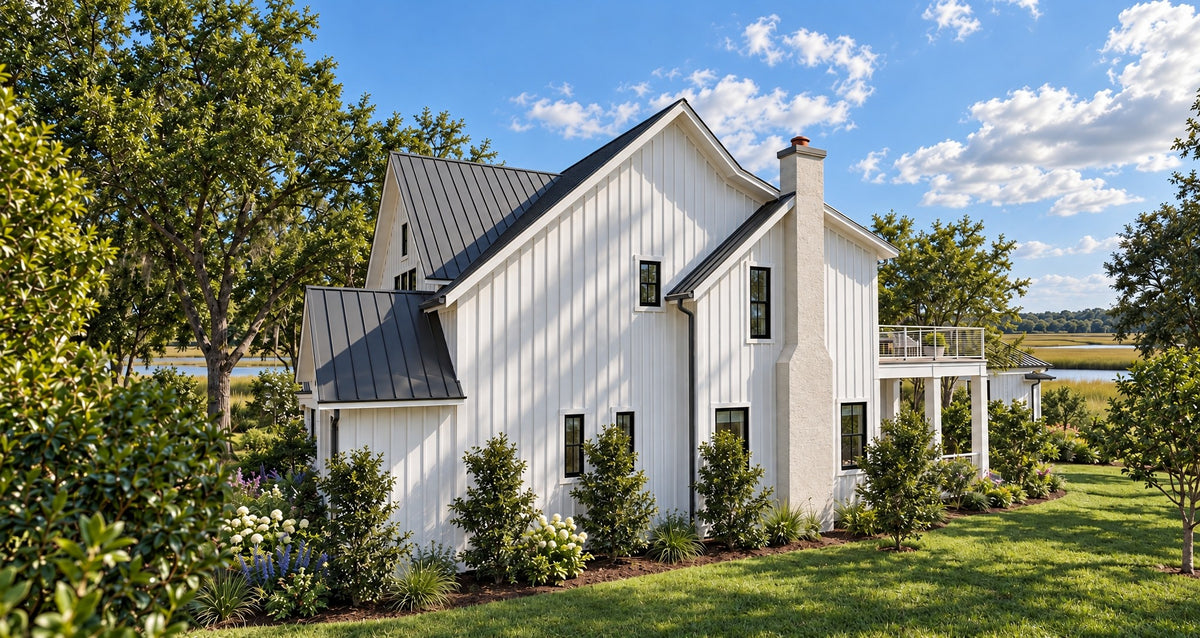 Side view of Cloudy Bay in daylight, showing the tall board and batten chimney, the metal shed roof over the front porch, and the deck at the back looking out to the marsh
