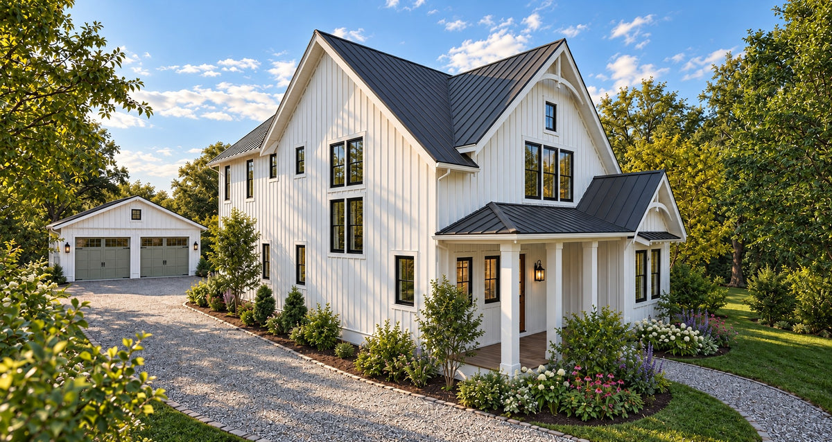 Front left view of Cloudy Bay in daylight, showing the long board and batten side wall, the covered front porch, and the detached two-car garage at the end of the gravel drive