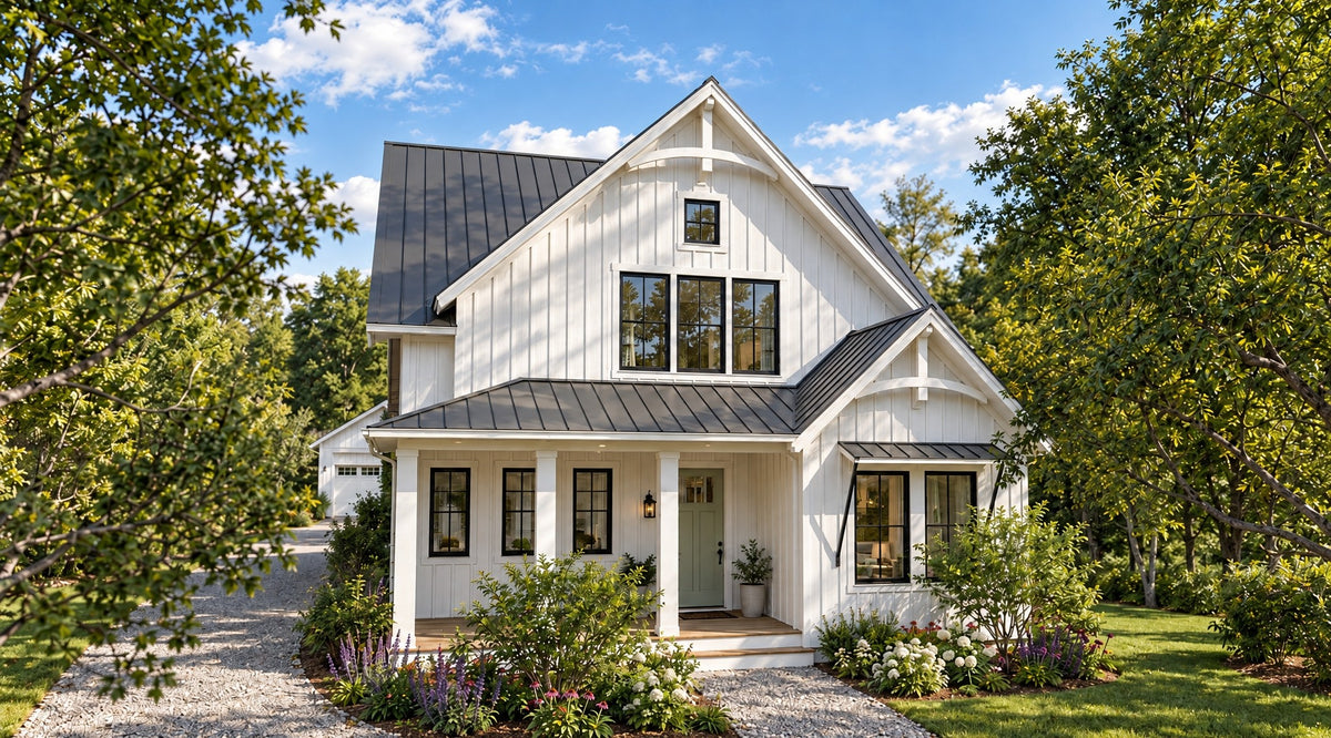 Front view of Cloudy Bay in daylight, a white board and batten Low Country farmhouse with a dark standing seam metal roof, curved wood brackets in the gables, black windows, and a covered front porch with square columns and a sage green door