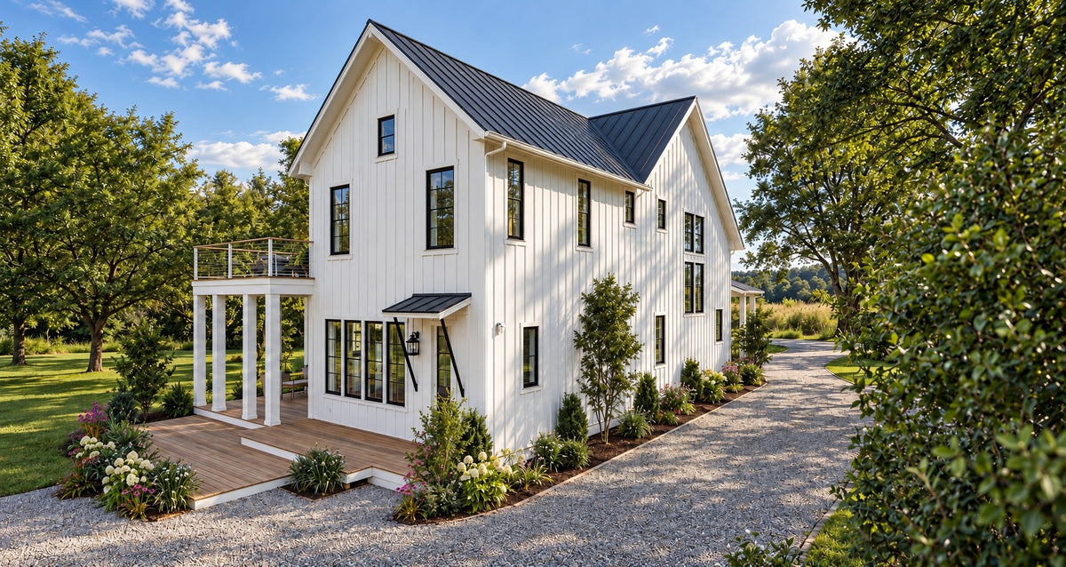 Rear left view of Cloudy Bay in daylight, showing the long side wall with black windows, the back porch and deck, and the side door under a small metal awning