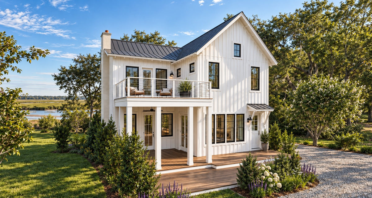 Rear right view of Cloudy Bay in daylight, showing the covered back porch with square columns, the open deck above with cable rail, the chimney, and the marsh beyond