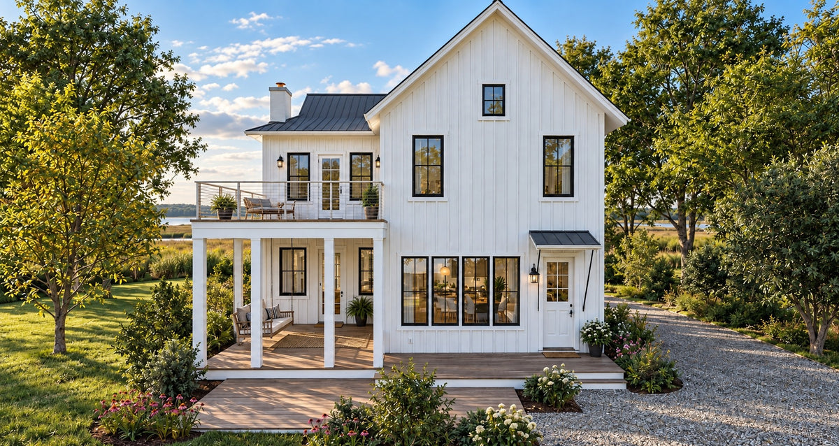 Rear view of Cloudy Bay in daylight, showing the covered back porch with a porch swing, the open deck above, the bank of windows, and the side door under a metal awning