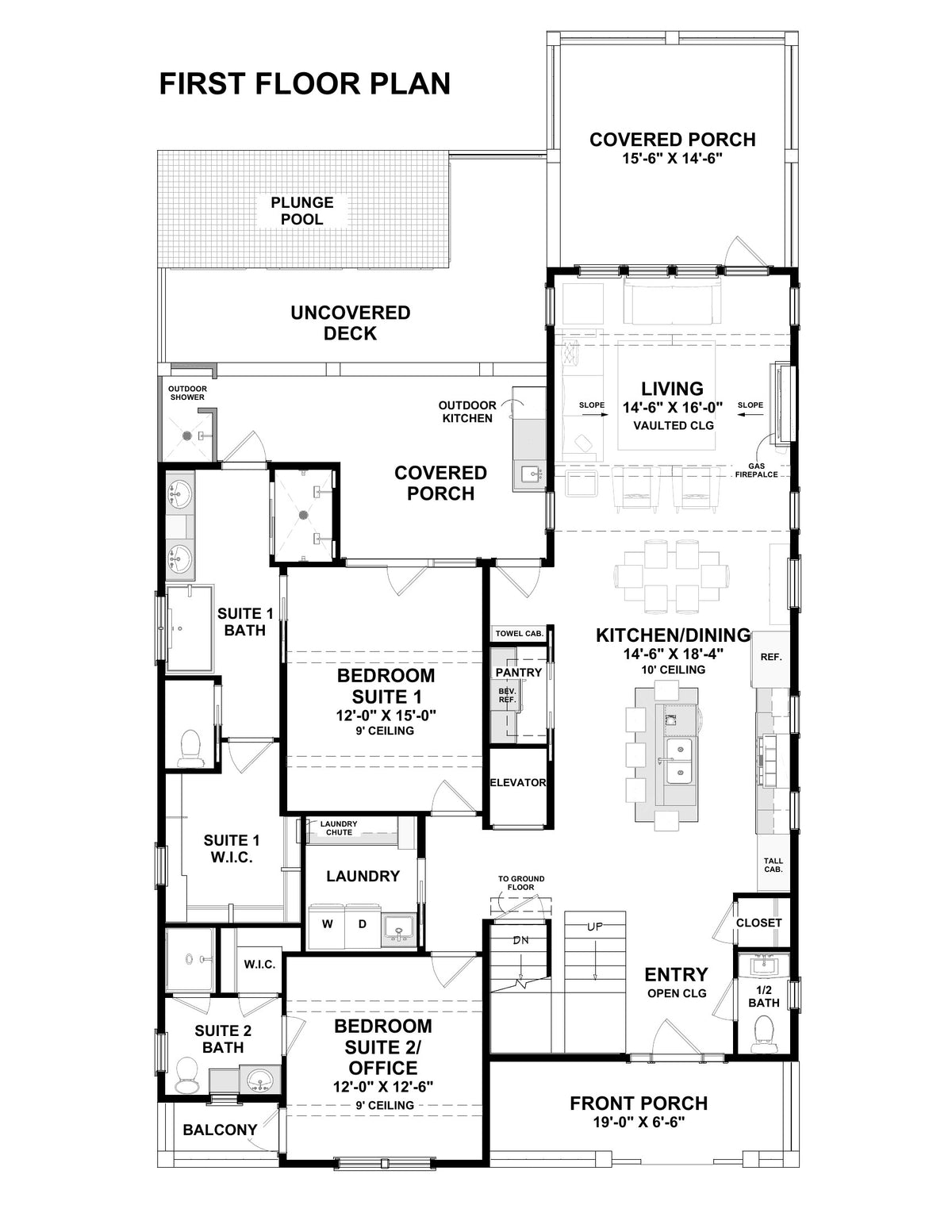 Ellie's Hideaway First Floor Plan | living room, kitchen and dining, two suites, plunge pool deck and outdoor kitchen