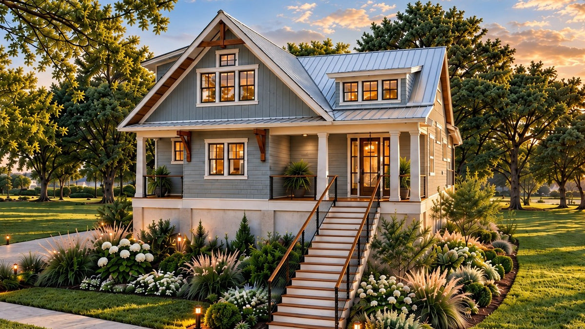 Ellie's Hideaway Front Exterior View | 2,299 sq ft elevated coastal house plan with a covered front porch and a metal roof