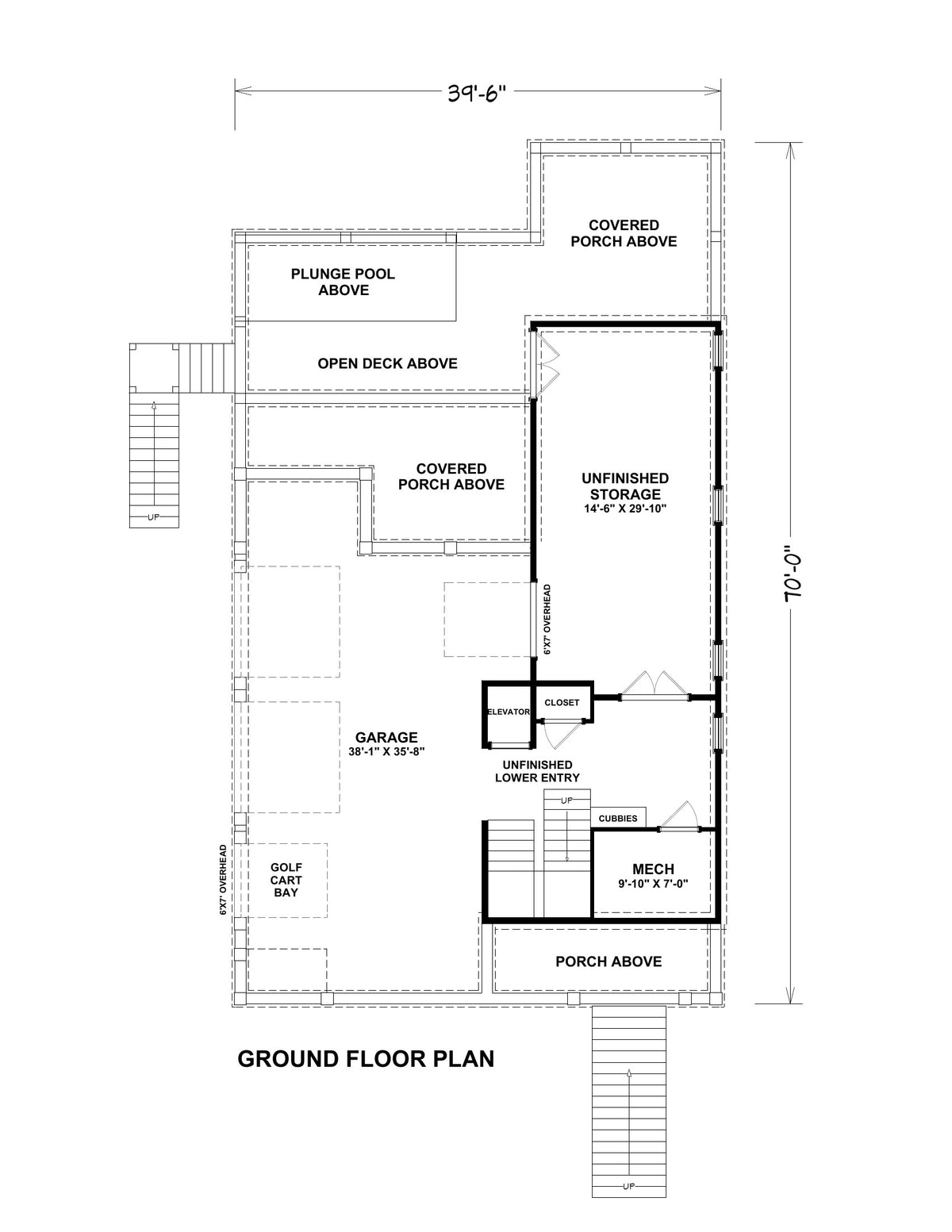 Ellie's Hideaway Ground Floor Plan | side-entry garage with golf cart bay, lower entry, elevator and unfinished storage