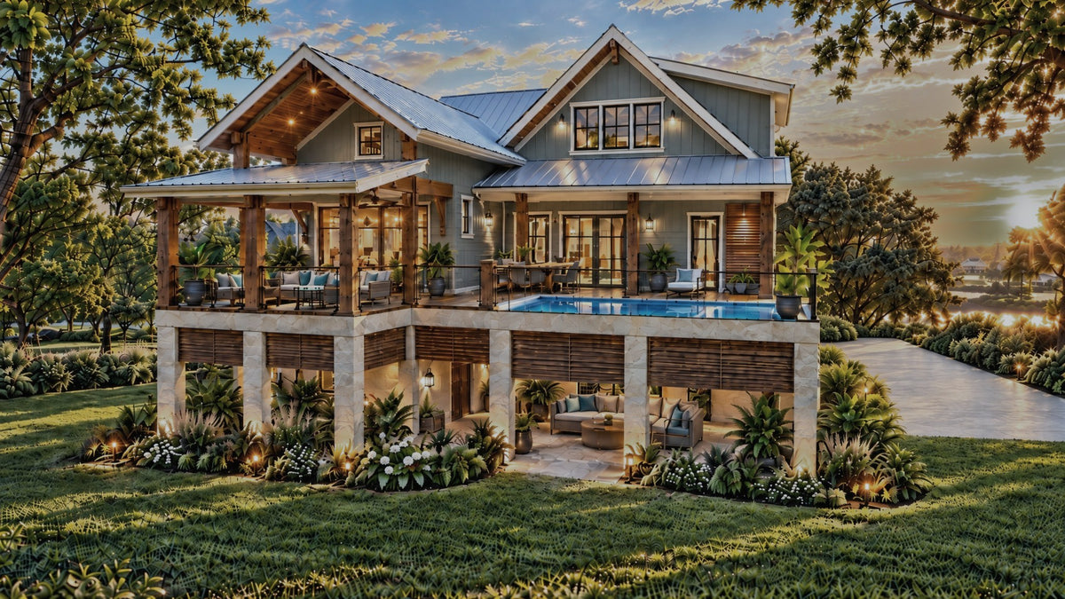 Ellie's Hideaway Rear Exterior View | plunge pool, rear deck and covered porches over the garage level