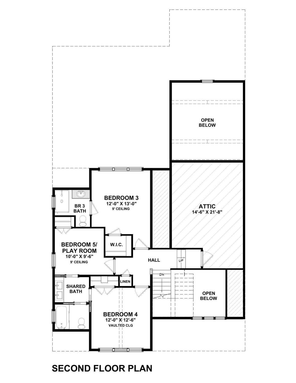 Ellie's Hideaway Second Floor Plan | three bedrooms, a shared bath and an attic