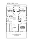 Upper floor plan of Tilbury Lane, showing the vaulted eat-in kitchen and living space opening to the front deck, the primary suite with walk-in closet and separate water closet, and two secondary bedrooms with a covered balcony at the rear.