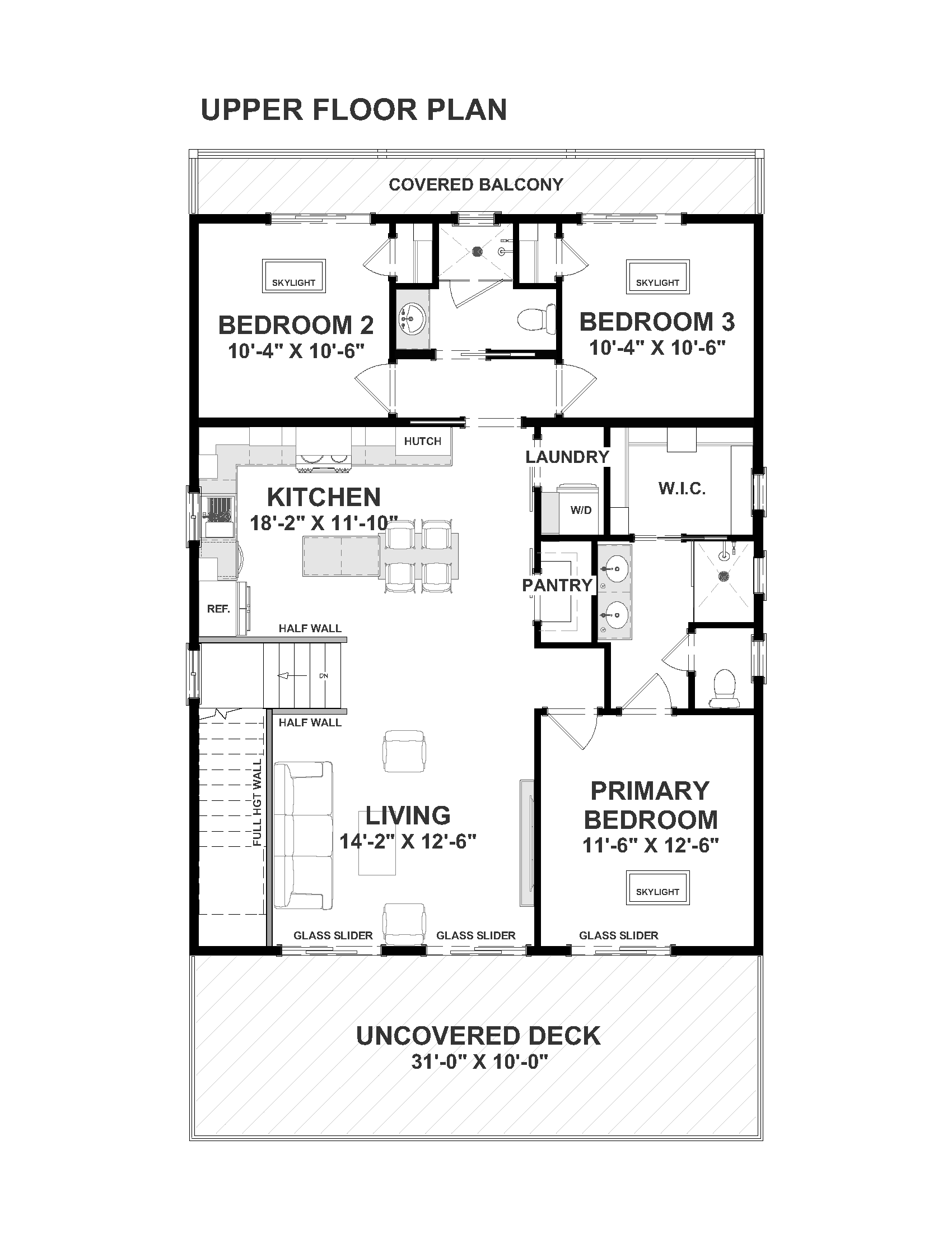 Upper floor plan of Tilbury Lane, showing the vaulted eat-in kitchen and living space opening to the front deck, the primary suite with walk-in closet and separate water closet, and two secondary bedrooms with a covered balcony at the rear.