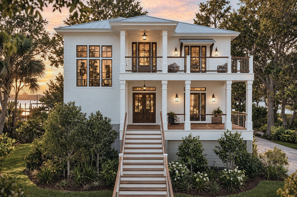 Haddie's Hideaway Front View with Landscaping | elevated coastal house plan with a center front stair, stacked porches and lush foundation plantings at sunset