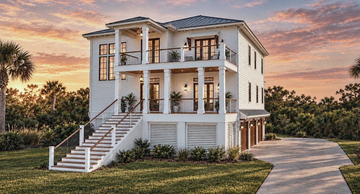 Haddie's Hideaway Front Three-Quarter View | two-story front porches, cable rail stair and the drive to the side garage