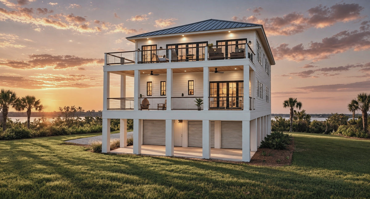 Haddie's Hideaway Rear Exterior View | full-width covered porch and open top deck facing the water, louvered patio under the house