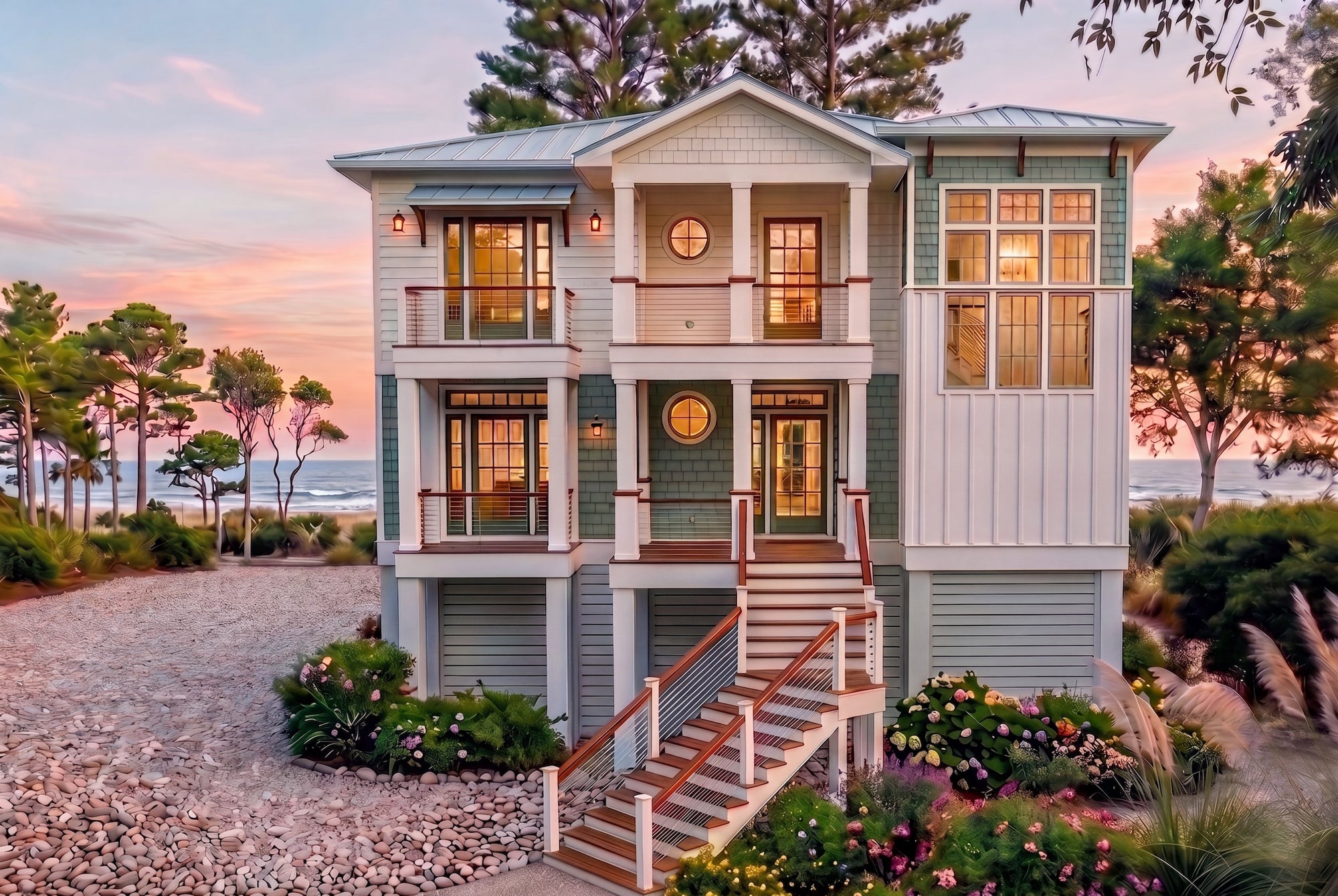 Front Exterior at Sunset — Haddie's Hideaway 2700R | 2,797 Sq Ft Reverse-Living Coastal House Plan | 3-4 Bed 4 Bath | Intertwine House Plans
