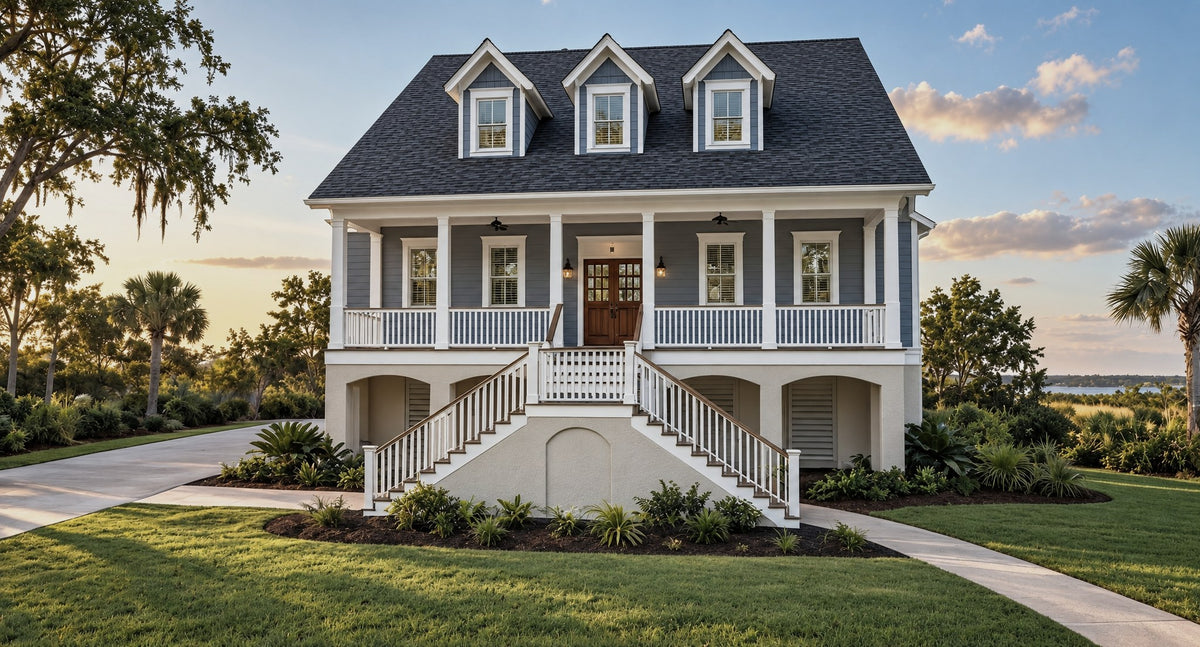 The Heron Front Exterior View | 3,214 sq ft elevated Low Country house plan with three dormers, a full-width covered porch and a double front stair