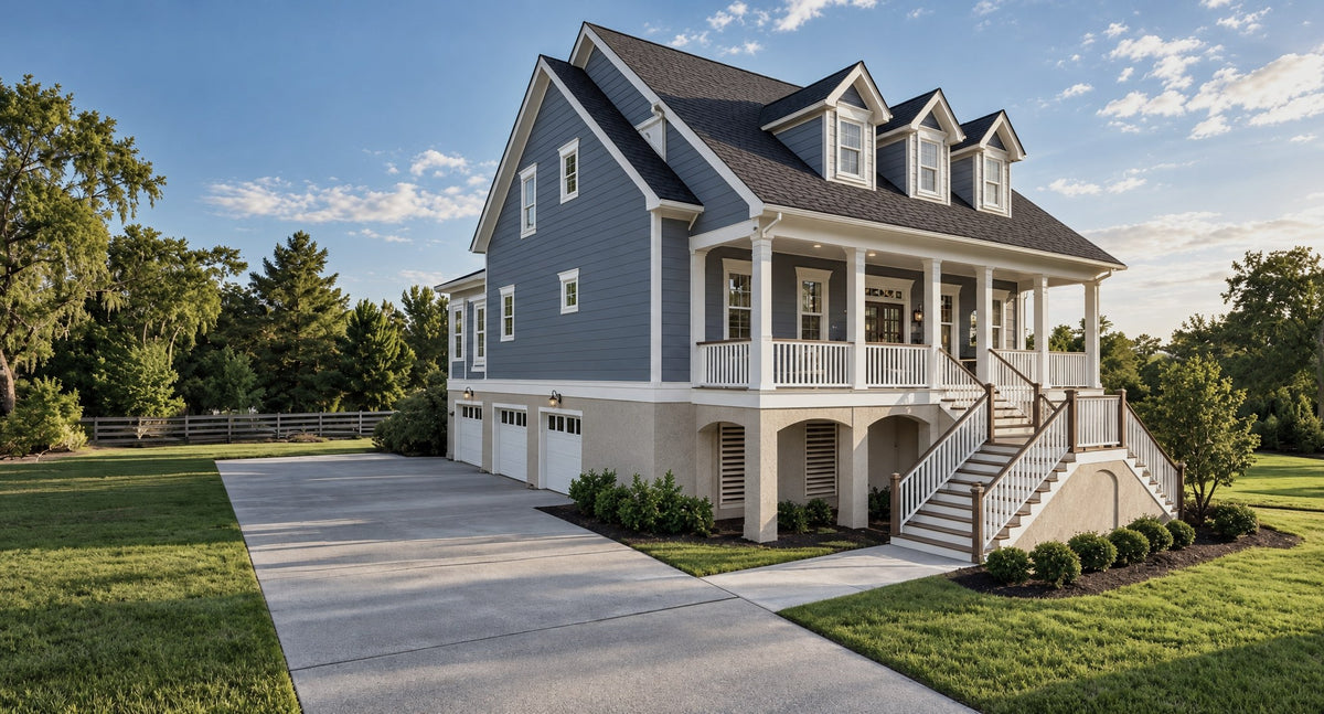 The Heron Front Three-Quarter View | covered front porch, double front stair and three-car drive-under garage on the side