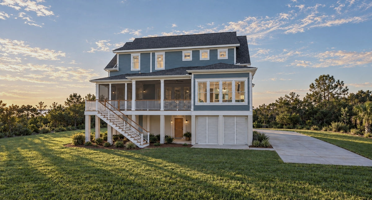The Heron Rear Exterior View | screened porch, deck stair to the yard and louvered bays under the house