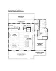First floor plan of Islabella, showing the open living, dining and kitchen, the 30-foot covered front porch, the covered rear porch and open deck, the laundry and pantry room, a half bath and Bedroom Suite 1 with its own covered porch.