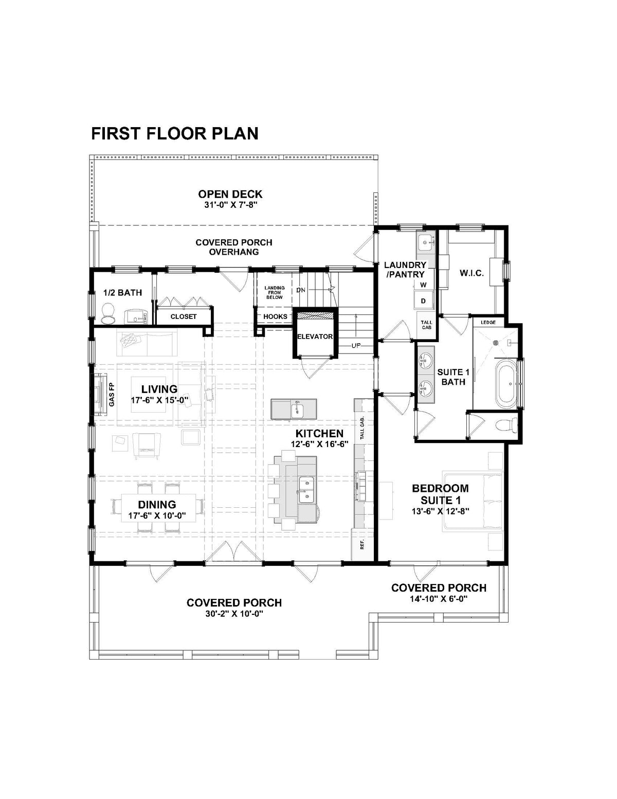 First floor plan of Islabella, showing the open living, dining and kitchen, the 30-foot covered front porch, the covered rear porch and open deck, the laundry and pantry room, a half bath and Bedroom Suite 1 with its own covered porch.