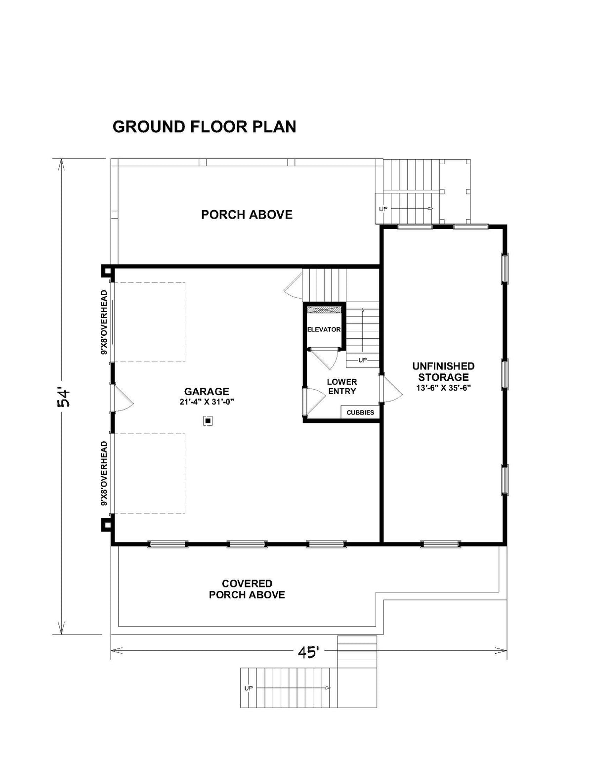 Ground floor plan of Islabella, showing the side-entry two-car garage, the heated lower entry with cubbies, the stair and elevator, and the 13' 6" x 35' 6" unfinished storage room.