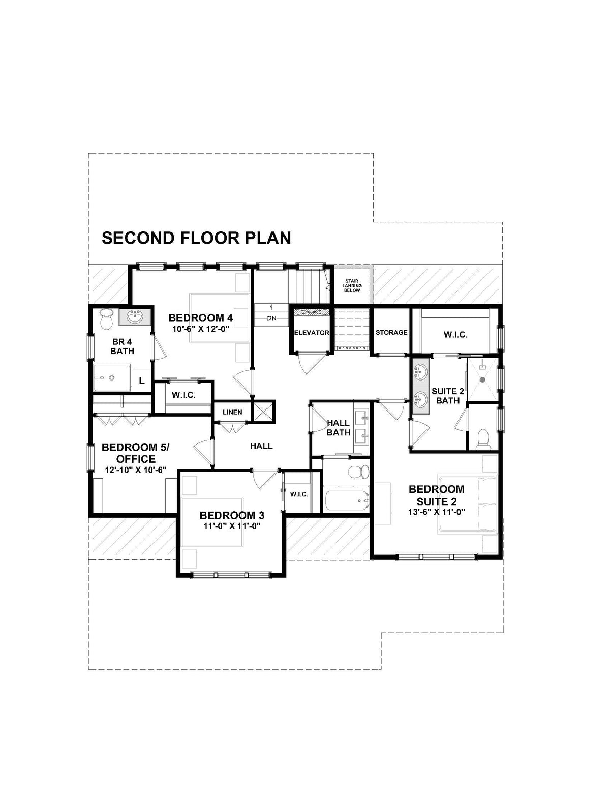 Second floor plan of Islabella, showing Bedroom Suite 2 with its bath and walk-in closet, Bedroom 4 with its own bath, Bedroom 3, Bedroom 5 or office, the hall bath and the elevator.