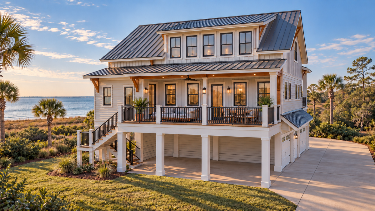 Rear exterior view of Islabella, showing the covered rear porch on the main floor, the stair down to the yard, the second-floor dormer with a row of five windows and the two garage doors on the side.