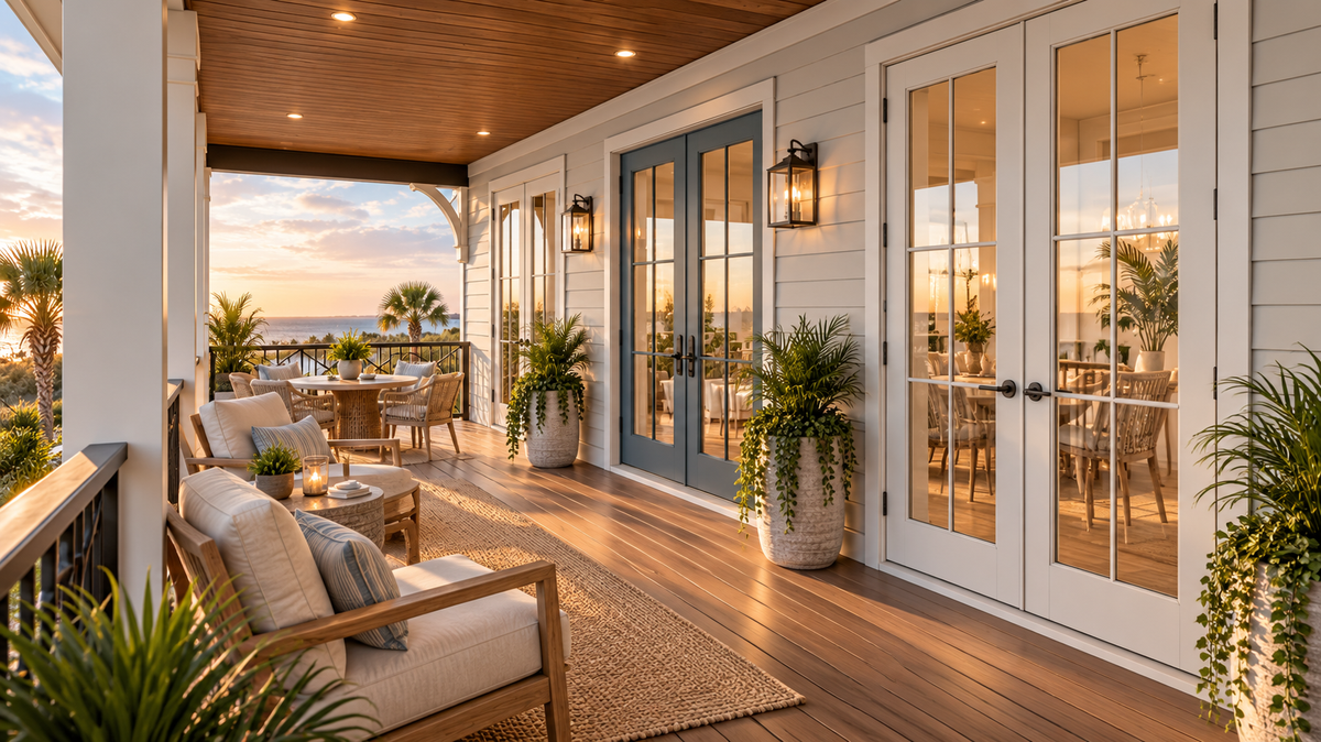 Covered front porch at Islabella at sunset, with French doors to the living space, a wood ceiling and seating along the railing.