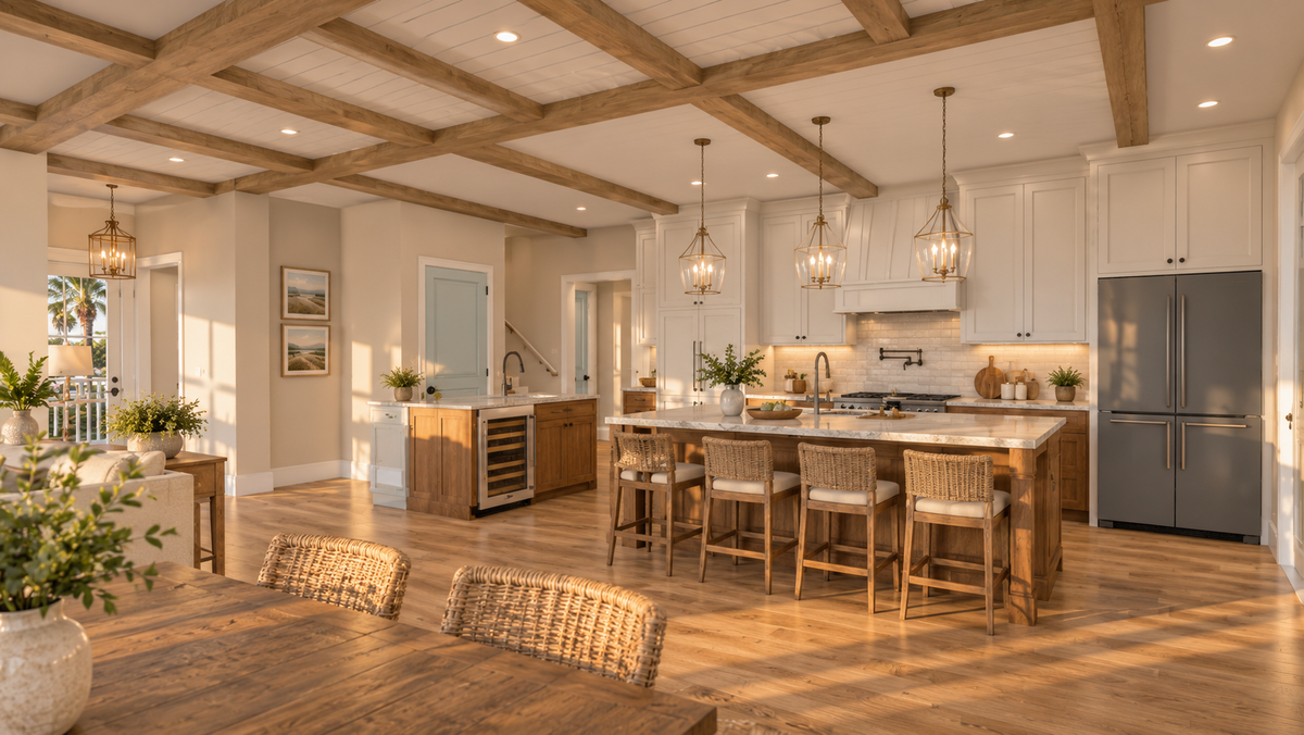 Kitchen in Islabella, with a long island seating four under pendant lights, a second island with a sink and wine cooler, and tall cabinets beside the refrigerator.