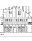 Left elevation drawing of Islabella, showing the two carriage-style garage doors on the side of the ground floor, the main-floor porches and the board-and-batten gables.