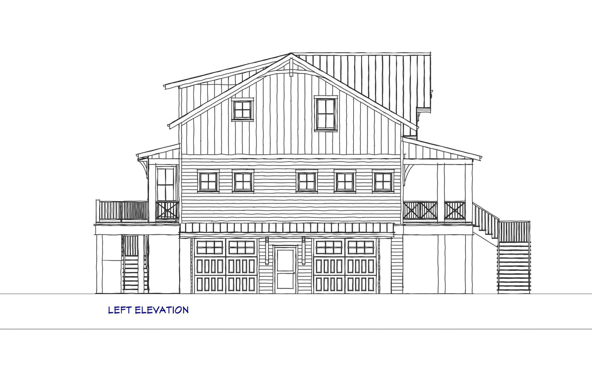 Left elevation drawing of Islabella, showing the two carriage-style garage doors on the side of the ground floor, the main-floor porches and the board-and-batten gables.