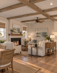 Living and dining area in Islabella, with a gas fireplace between two windows, a beamed ceiling and the dining table by the door to the porch.