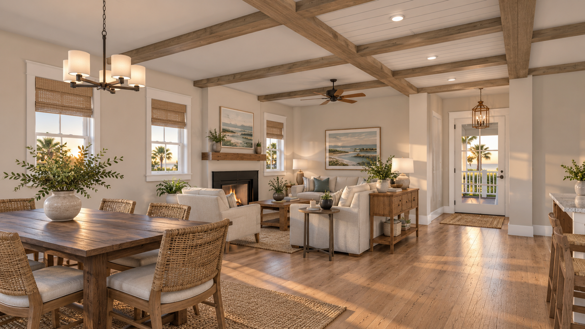 Living and dining area in Islabella, with a gas fireplace between two windows, a beamed ceiling and the dining table by the door to the porch.