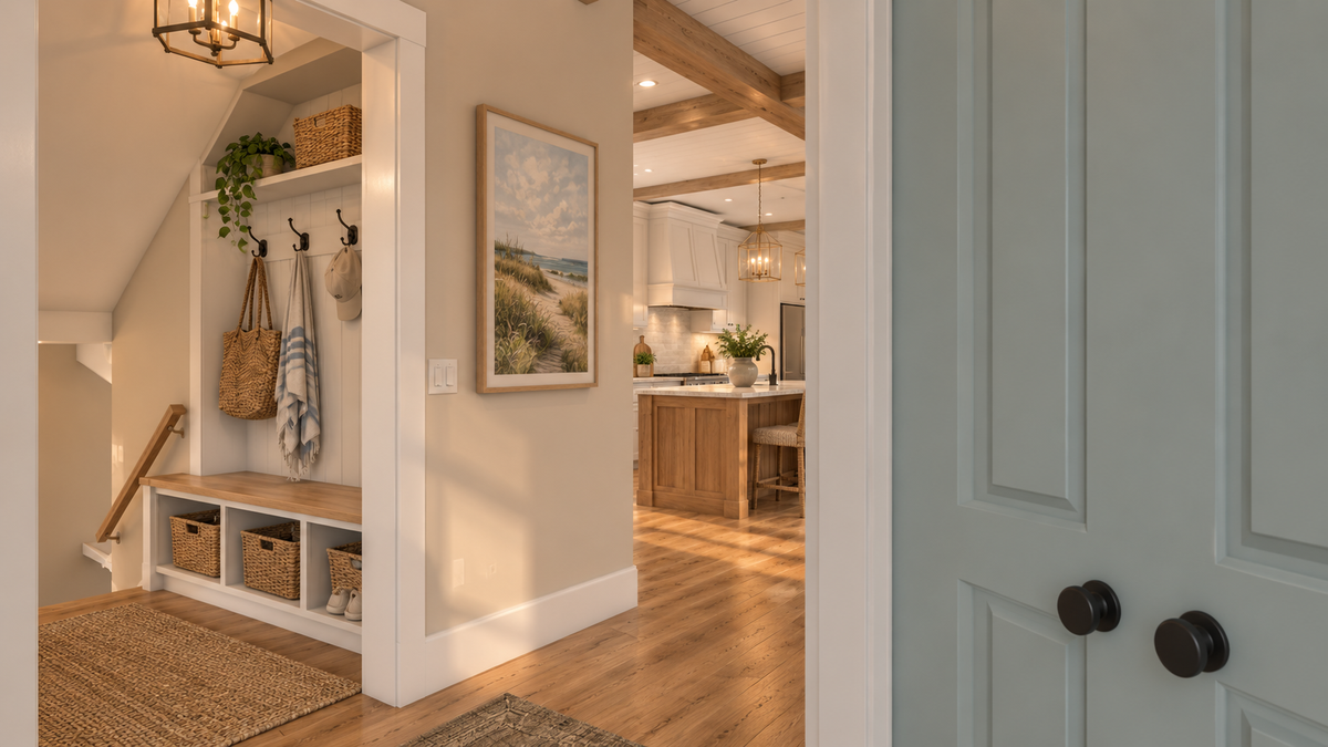 Stair landing in Islabella, with coat hooks and a bench beside the stair and a view through to the kitchen.