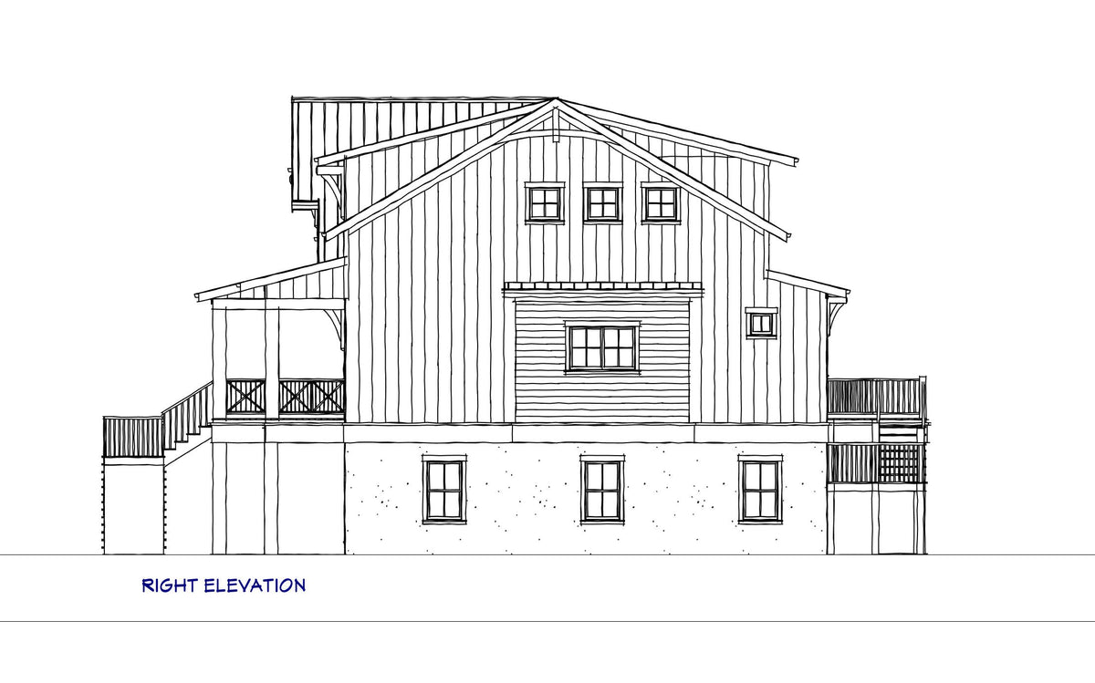 Right elevation drawing of Islabella, showing the CMU ground floor with three windows, the porches and stairs at both ends and the gable windows above.