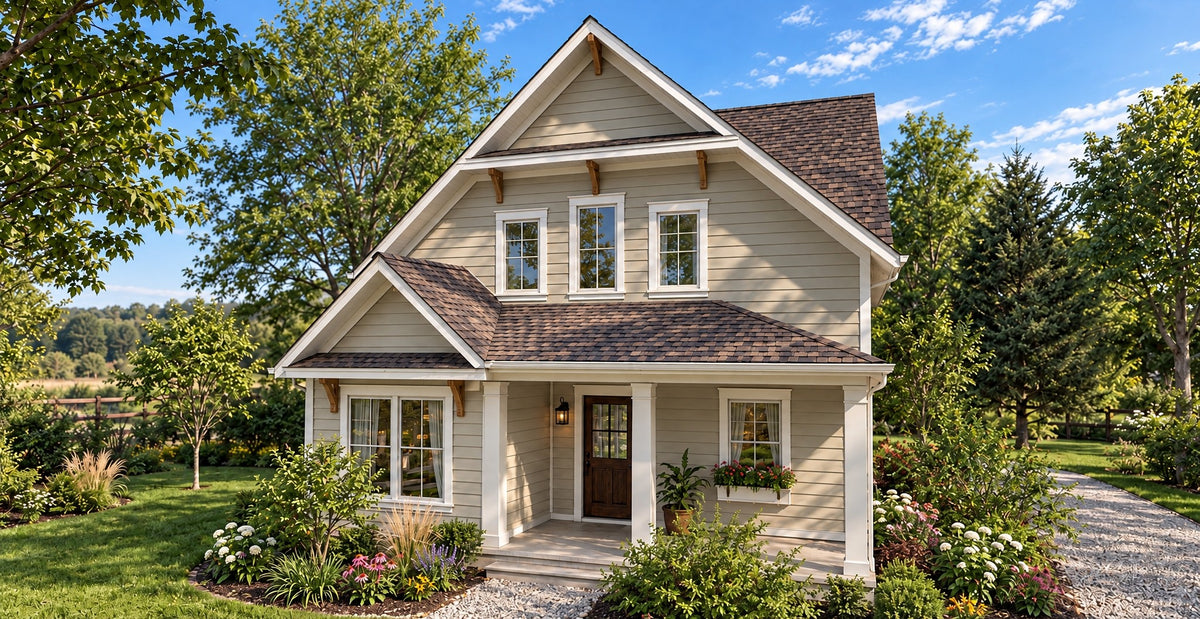 Front view of Little Maple in daylight, a two-story Low Country house with warm greige lap siding, wood brackets in the gables, a brown shingle roof, and a covered entry porch with white columns