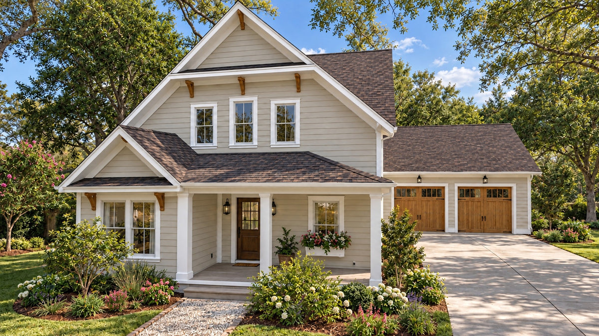 Front view of Little Maple with the optional attached two-car garage, wood carriage garage doors, and a concrete drive beside the covered entry porch