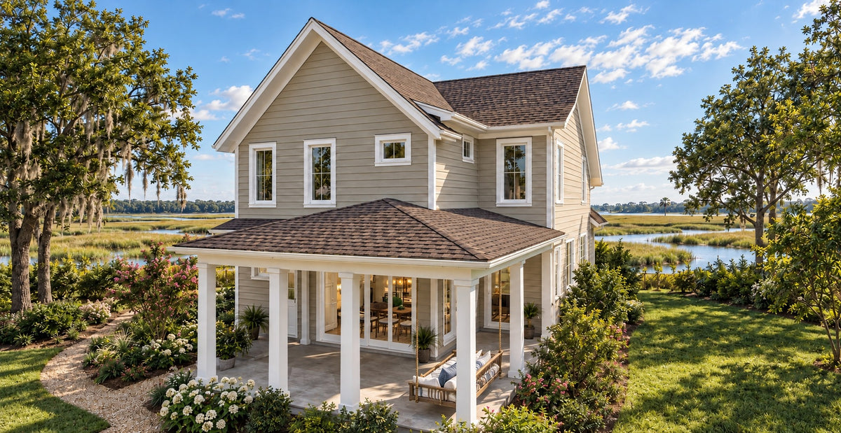 Rear view of Little Maple in daylight, showing the wide covered back porch with a hipped roof and white columns, glass doors, and a pea gravel path around the side