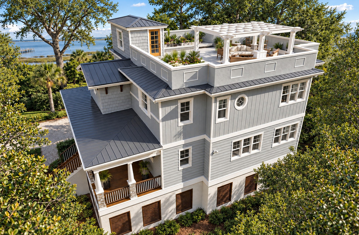 Front right view of the Oak Leaf in daylight, showing the two upper floors over the drive-under garage, the rooftop deck with its pergola, and the shell drive with a brick edge
