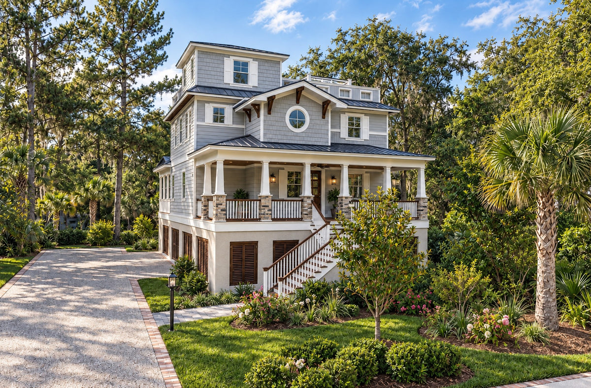 Front view of the Oak Leaf on a clear day, a gray elevated coastal house with a covered front porch, a round gable window, a rooftop deck above, and a stair up from the shell drive past the drive-under garage