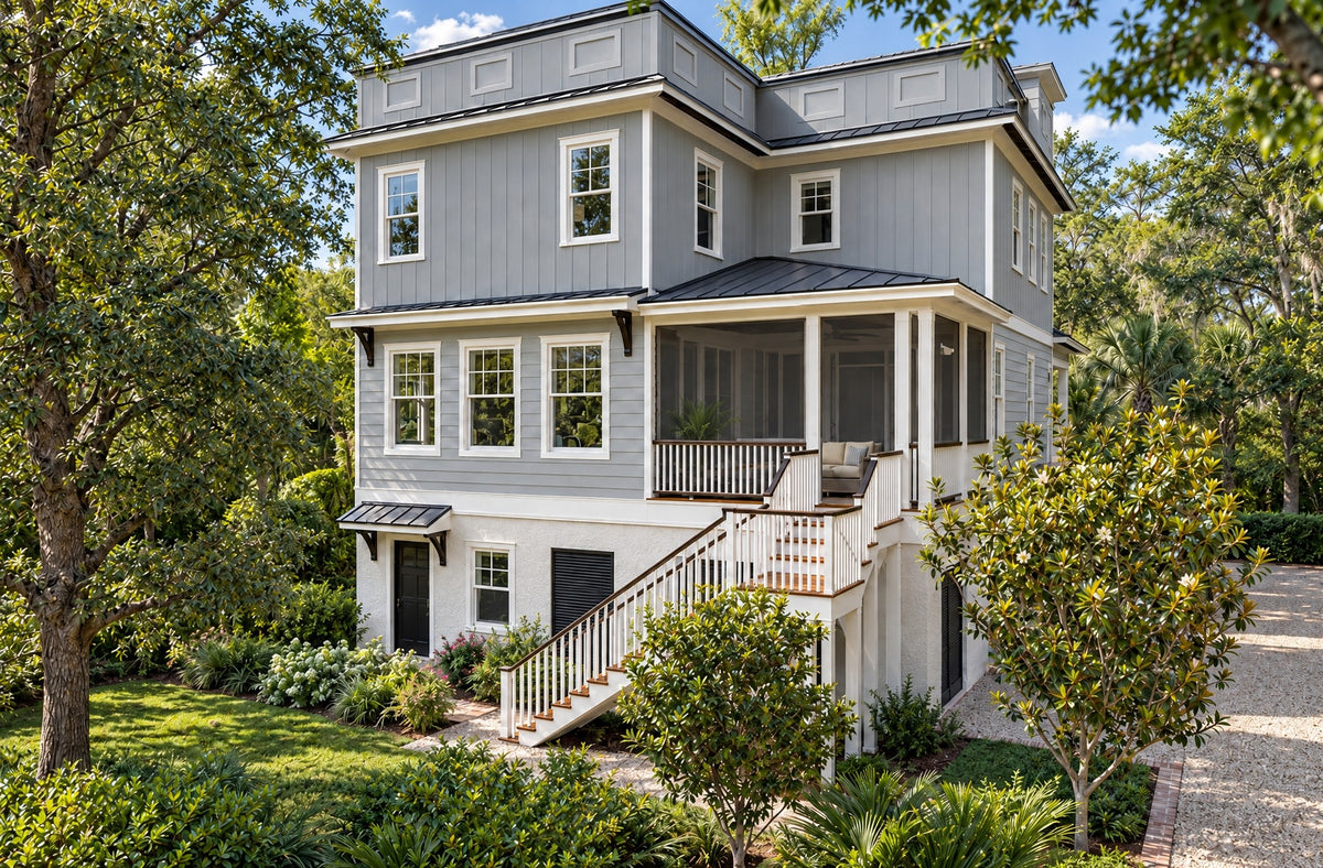 Rear left view of the Oak Leaf in daylight, showing the screened porch, the exterior stair down to grade, and the drive-under garage level