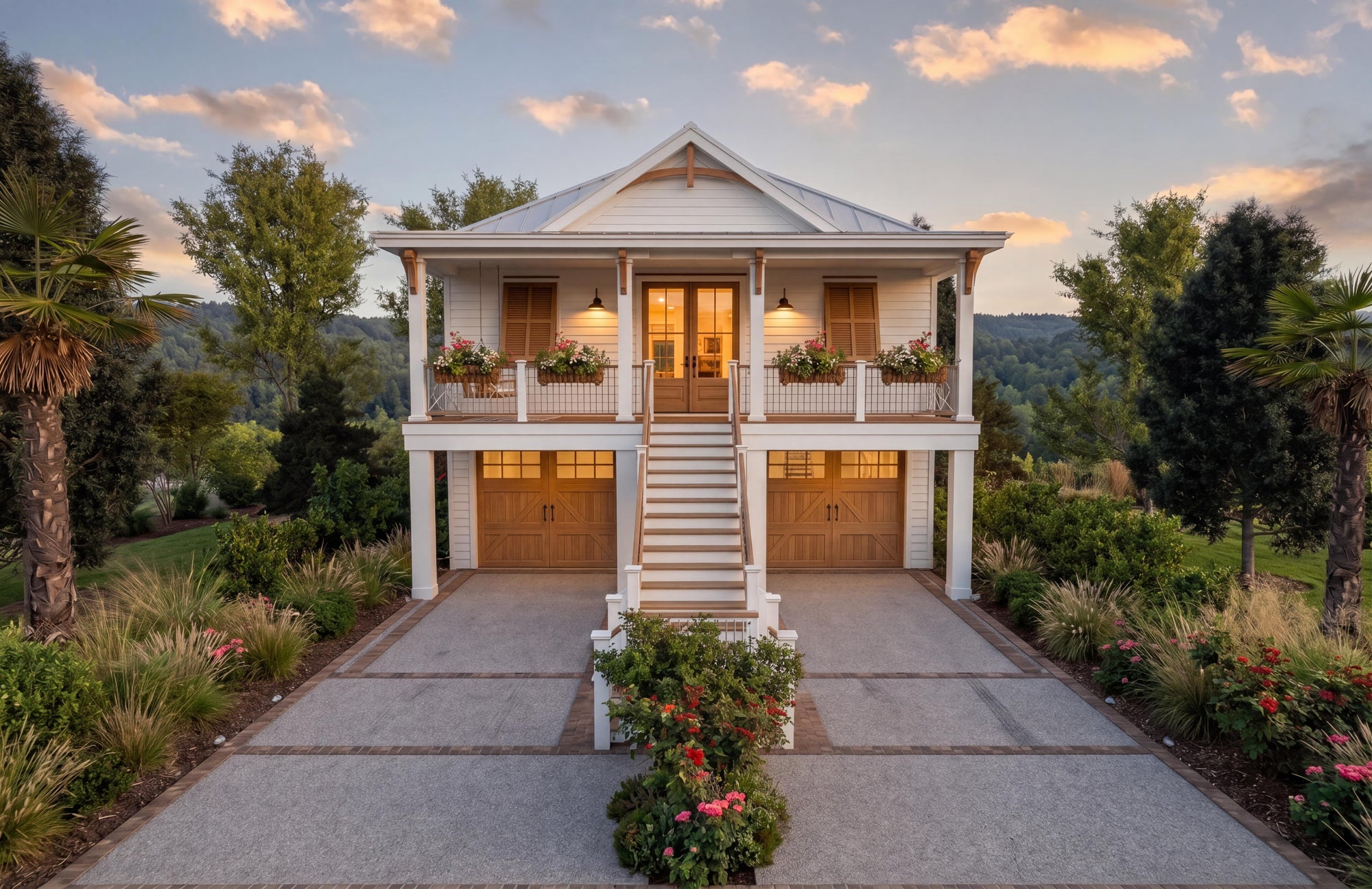 Front far exterior view of the Palmetto Beach Hut, a two-story modern elevated coastal cottage featuring a drive-under garage, expansive covered front porch, and elegant coastal architectural detailing.